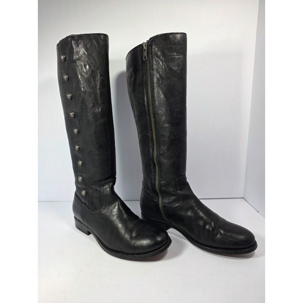 FRYE Paige Button Tall Leather Riding Boots 6B Black Side Zip 76496